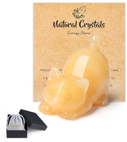 QINJIEJIE Citrine Crystal Cat Ornaments Cat Gifts for Women | Citrine Good Luck Cats Themed Statue Home Office Desk Decor, Spiritual Crystal Gifts for Lovers Men Christmas Presents