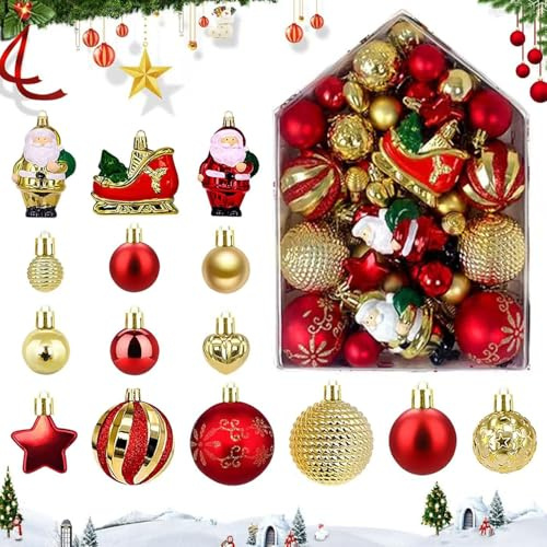 Weihnachtskugeln Kunststoff Set, 72 Stück Weihnachtsbaum Kugeln, Weihnachtsbaum Dekoration Set, Weihnachtsbaumkugeln mit Aufhänger, Glänzend Glitzernd Matt Weihnachten Deko