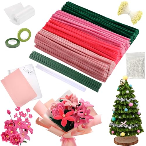 400 Pcs Pipe Cleaners Flower Kit, Chenille Stems Art Craft Supplies with Tutorial, Pearls, Pompoms, Green Floral Wires, Gardening Tape & Stamen for DIY Flowers, Kids Crafts & Handmade Gift (Red)