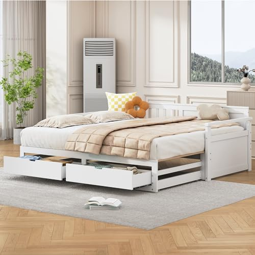 TOBIDOEN Ausziehbares Bett 90(180) x190 cm auf Gleicher Höhe, Daybett mit 2 Schubladen und Lattenrost, Platzsparend Ideal für Schlaf- und Wohnzimmer, Kiefer Wandbett Schrankbett, Weiß