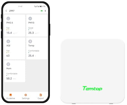 Temtop Monitor de calidad del aire P1: PM2.5, PM10, temperatura y humedad con AQI en tiempo real y aplicación Bluetooth (para casa, oficina, coche)