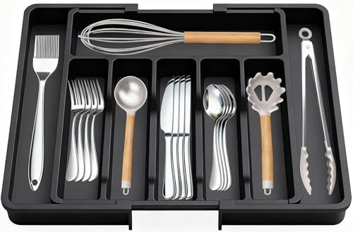 MouCoc Adjustable Cutlery Drawer Organiser Tray, Kitchen Utensil Holder with 6-8 Compartments, Storage Divider for Forks, Spoons, Knives