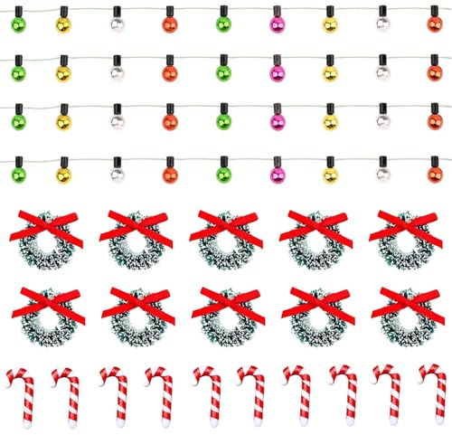 24 Stück Wichtel Zubehör Weihnachten – Mini Wichtelzubehör mit Kränzen, Zuckerstangen & Lichterkette – Puppenhaus Zubehör Weihnachten für Deko & Basteln