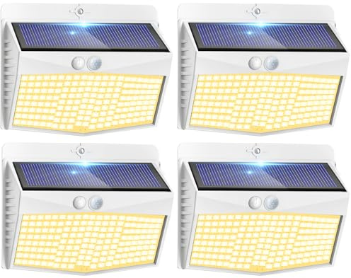 Peasur Warmweiß Solarlampen für Außen mit bewegungsmelder, [4 Stück] 168 LED 180° Superhelle Solarleuchte Sicherheitswandleuchte 3 Modi IP65 Wasserdichte Wandleuchte Garten, weißer Rahmen