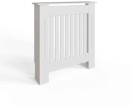 FWStyle Vertical Slat Small MDF White Radiator Cover – Decorative Heater Cabinet with Shelf – Modern Vertical Slat Design, Efficient Heat Flow, Curved Skirting Cut-Out – 82.3H x 78W x 19D cm