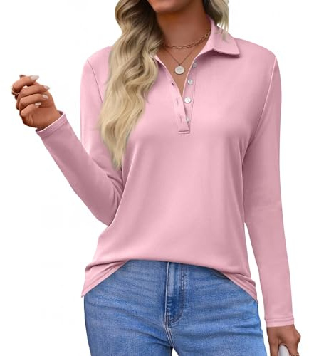 Women's Long Sleeve Polo Shirts Casual V Neck Buttons Golf Lightweight Tennis Tops Work Gym Sport Shirt
