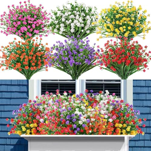 JOLCEEY 24 Bundles Artificial Flowers for Outdoor, 6 Colors No Fade Fake Plastic Faux Silk Flowers UV Resistant Greenery Shrubs Plants for Indoor Outside Garden Porch Hanging Planters Decoration