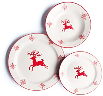 Excelsa Renna Servizio Tavola, Ceramica, Bianco/Rosso, 18 Pezzi