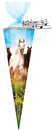 alles-meine.de GmbH mit Sound Effekt ! - Schultüte - Wildpferde - Pferd - 70 cm - rund - Organza Abschluß - Zuckertüte - mit/ohne Kunststoff Spitze - Mädchen & Jungen - Pfe..