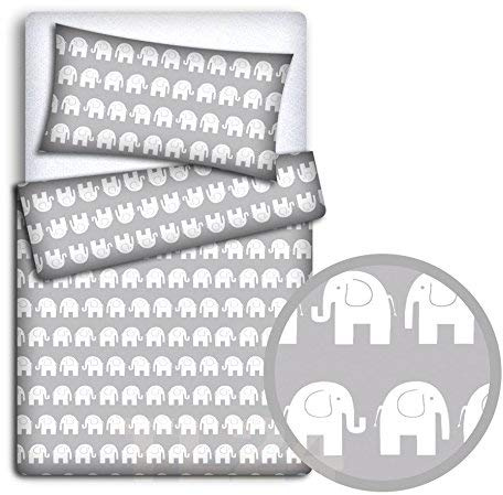 Babymam Baby Newborn Bedding Set Pillowcase + Duvet Quilt Cover 2 Piece to Fit Cot Crib Cradle Pram 135x100cm (Elephants grey)