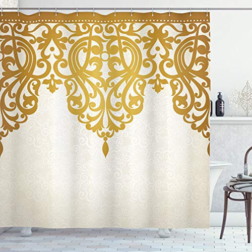 ABAKUHAUS viktorianisch Duschvorhang, Mittelalterliche Barock-Kunst, Stoffliches Gewebe Badezimmerdekorationsset mit Haken, 175 x 180 cm, Hellbraun Creme