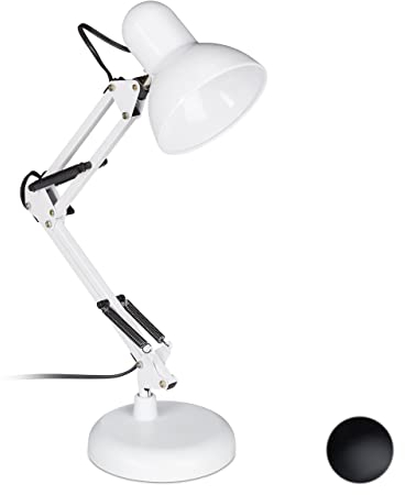 Relaxdays Retro Schreibtischlampe, Gelenk-Arm, schwenkbar, Büro Leselampe, Metall, E27, HxBxT: 50 x 27 x 15 cm, weiß