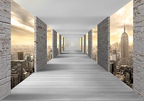 wandmotiv24 Fototapete New York 3D, XL 350 x 245 cm - 7 Teile, Wanddeko, Wandbild, Wandtapete, Stadt, Fenster, Holz M1842