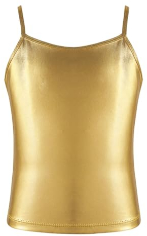 dPois Mädchen Glänzend Crop Top Metallic Spaghetti Shirt T-Shirt Sommer Tops Kinder Ballett Tanz Top Party Bekleidung Sportbekleidung Turnanzug Gold 152/12 Jahre