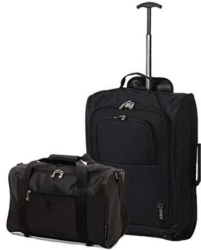 5 Cities Set of 2 Hand Luggage Set Including Ryanair Cabin Approved 21/55cm Trolley Bag & 40x20x25 Ryanair Maximum Holdall Under Seat Flight Bag (Black + Black)