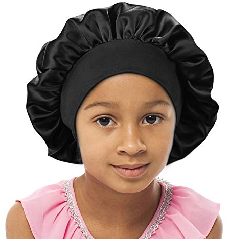 SENGTERM Kinder Satin Schlafmütze Jungen Mädchen Doppelschichten Satin Motorhaube seiden Nachtmütze Elastisches Band Satin Bonnet Night Cap für Haare Haarpflege (2-8 Jahre) (Black, Einheitsgröße)