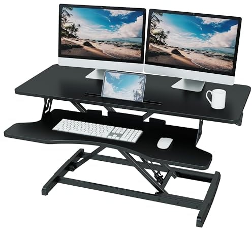 Lubvlook Standing Desk Converter, 37.4/95cm Wide Height Adjustable Sit Stand Desk Riser for Dual Monitors with Keyboard Tray, Black