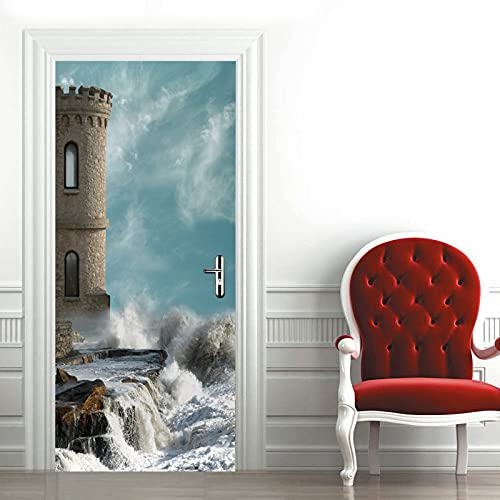 A.Monamour Türtapete Selbstklebend Türfolie Türposter 3D Meereswellen Am Strand Mit Leuchtturm Vinyl Folie Türdeko Tapete Wandbild Türaufkleber Türtattoo 77 x 200 cm