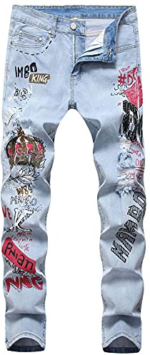 Kengue Men's Straight Slim Fit Printed Jeans Skinny Denim Pants, Y-light Blue, 32