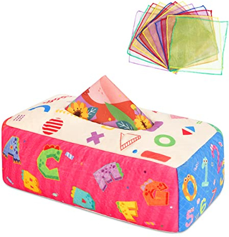 URMYWO Baby Spielzeug 6 Monate, Montessori Sensorik Tissue Box Spielzeug mit 6 Knisterpapier & 12 Bunte Schals,Kontrast,knisterspielzeug Baby ab 3 6 9 12 Monate
