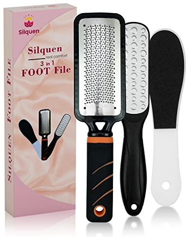 Pack of 3 Professional Pedicure Foot File of Good Plastic and Steel Grades, Remove Callus, Hard Skin Remover, Double-Sided Exfoliator-Scrubber, Easy to Use with Ergonomic Grip