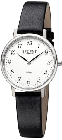 REGENT Damen-Armbanduhr Titan mit schwarzem Lederarmband 12090340