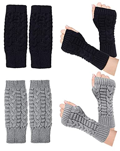 WUERKIYA Fingerlose Handschuhe Winter Armstulpen 2 Paar Pulswärmer Stricken Damen Winter Halb Fingerhandschuhe Winterhandschuhe Wärmer Strick Kurzer Gestrickte Fingerlose Fäustlinge -Schwarz + Grau