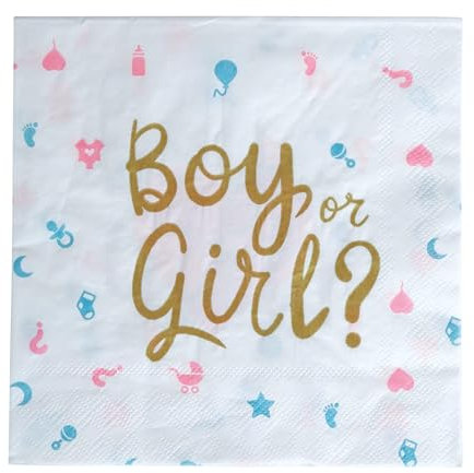 FIESTAS GUIRCA | 20 Serviettes 'It's a Boy or It's a Girl' Jetables (16x16 cm) - Décoration de Table pour Fêtes de Bébé et Gender Reveal - Idéal pour Baby Shower - Blanc