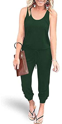 YUNDAI Womens Jumpsuits One Piece Casual Off Shoulder Playsuit Sleeveless Overalls Elastic Waist Stretchy Romper with Pockets Medium,Dark Green