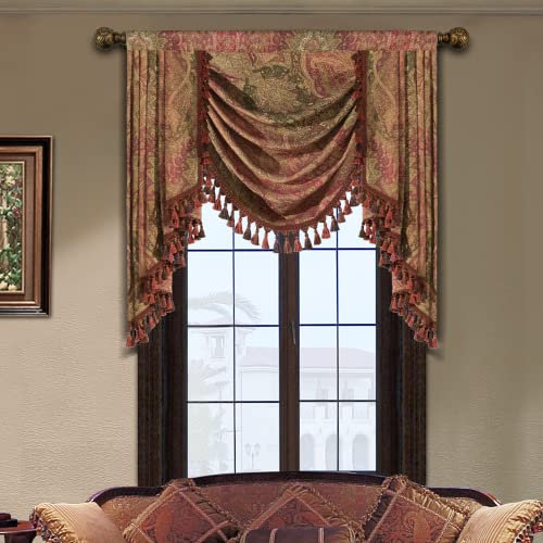 TOPLUXE Swag Volant Vorhang für Schlafzimmer Esszimmer Wohnzimmer Küche, Damast Kurzstore Waterfall Volant-Vorhang für Fenster 1 Stück (Breite 100cm, Rot & Grün)