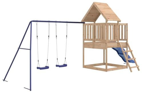 vidaXL Spielturm, Klettergerüst mit Rutsche Leiter Schaukel, Kinder Kletterturm mit Holzdach, Spiel-Zubehör für Garten, Holz Spielplatz, Massivholz Kiefer