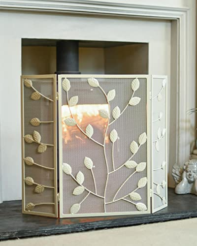 Black Country Metal Works Cream Rectangular Three Fold Fire Guard with Leaf Pattern