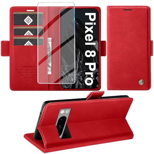 Giyer für Google Pixel 8 Pro Hülle mit Displayschutzfolie, Handyhülle Pixel 8 Pro Premium Leder Wallet Klapphülle Standfunktion Kartenfach Schutzhülle für Google 8 Pro Lederhülle Flip Case (Rot)