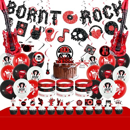 Ywediim | Rock and Roll Party Dekorationen, einschließlich Born to Rock Banner, hängende Wirbel, Cake Topper, Ballons, Armbänder, Tischdecken, für Rock Music Thema Party Lieferungen