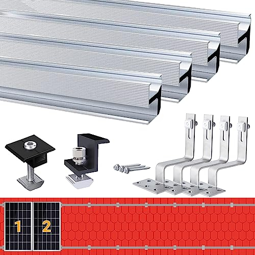 Warmfay Solarmodul Halterung Ziegeldach Set, Alu Photovoltaik Montageschiene 1150MM, Schwarz Klemme für 30MM Dicke Module, Dachhaken Solarmodul Ziegeldach, PV Montageset Ziegeldach 2 Module