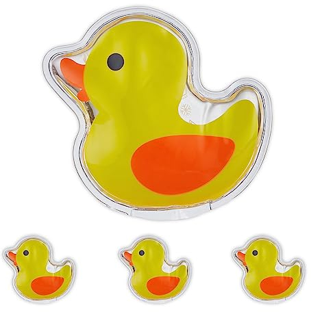 Relaxdays Kühlpads Kinder, 4er Set, Kalt Warm Kompresse, Ente, H x B: 9,5 x 10,5 cm, Kühlkissen Gel, Mini Kühlpack, gelb