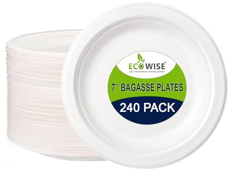 Best House EcoWise 7 Round Plates, White Bagasse Plates Eco-Friendly Biodegradable and Compostable, Made of Sugarcane Fibers - Perfect for Picnics BBQs and Parties (Pack of 240)
