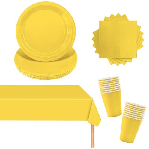 53 Pièces Vaisselle de Fête Jaune,Ensemble de Vaisselle en Papier Assiettes à Dessert,Serviettes en Papier et Gobelets,Nappes,Fournitures Décorations de Table Fête Lot de 3 nappes rectangulaires
