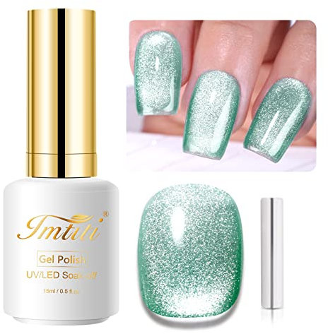 IMTITI Hellgrün UV Gel Nagellack, 15 ml 9D Chamäleon Holografisch Gel Nagellack Magnetisch Nagelgel Glitzer Katzenauge UV LED Soak Off mit 1 Magnet