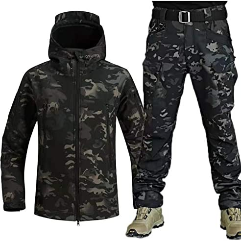 UIHECTA Softshell Anzug Herren, Taktische Jacke und Hose, Wasserabweisend | Winddicht, Herren Softshell Set mit Kapuze und vielen Taschen, Outdoor Set für Jagd Trekking Arbeit Camping
