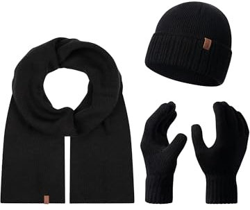 Rock Creek Winter Mütze mit Bommel Schal Set Geschenkset Wintermütze Winterschal Winterhandschuhe Herrenmütze Damenmütze U-104 Schwarz Einheitsgröße