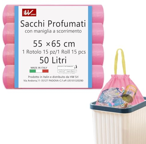 HW - Bolsas de basura de 50 L, 55 x 65 cm, con asa deslizante, 60 unidades, reciclable, bolsas de basura para cubo mediano (rosa)