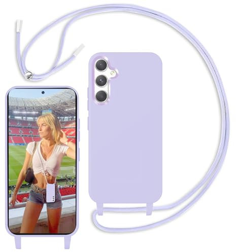Yojiong Funda con Cuerda para Samsung Galaxy A55 5G (6,6''), Silicona Líquida Carcasa con Cordón [Ajustable Correa de Cuello Cadena] [Forro de Microfibra Suave], Púrpura Claro