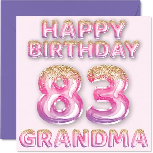 83rd Birthday Card for Grandma, Pink & Purple Glitter Balloons | Happy Birthday Cards for 83 Year Old Grandma from Grandson Granddaughter, 145mm Bday Greeting Cards Gift