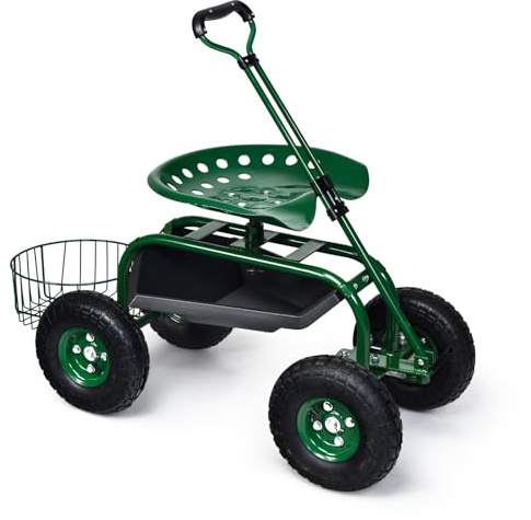 GOPLUS Siège de Jardin Roulant avec 2 Plateau à Outils, Poignée Ronde Extensible, Panier de Rangement, Siège Hauteur Réglable 45,5-54,5cm avec 4 Roues en Caoutchouc, Vert (avec Poignée)