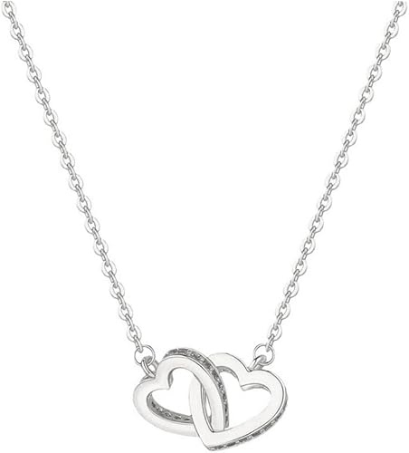 QKEPCY Herzform Doppelherz Halskette Goldfarben Schmuck Damenhalskette Kette Anhänger Herzanhänger Glänzend Elegant
