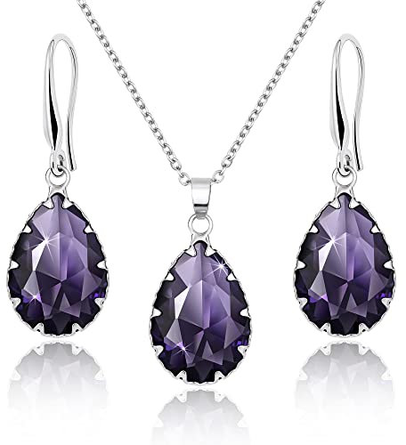 Linawe Set di gioielli in ametista per donna, set di orecchini in argento, orecchini pendenti da donna, collana a catena con ciondolo viola, gioielli da sposa, set di gioielli di moda