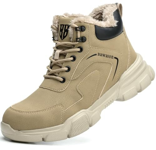 Nasogetch Scarpe Antinfortunistiche Uomo Donna Alte Scarpe da Lavoro Impermeabile Stivali da Lavoro Leggere Comode con Punta in Acciaio 9193 Kaki Invernali Fodera Calda 42 EU