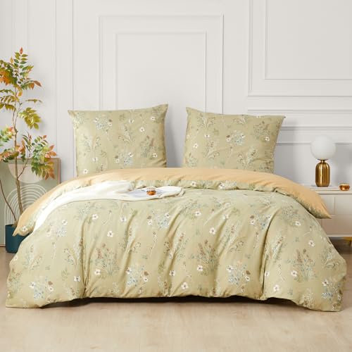 SAPHREAS Bettwäsche 200x200 Baumwolle Grün Bettwäsche Set Blumen Bettwäsche 3teilig 1 Bettbezug 200x200 cm mit Reißverschluss + 2 Kissenbezüge 80x80 cm