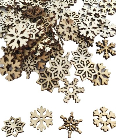 QLEUIFT 200 PCS Natalizi in Legno a Forma di Fiocco di Neve Mini Fiocchi di Neve Decorativi Fiocco Legno Neve L'Albero di Natale Etichetta Regalo Fai da Te in Legno incompiuto Ornamenti in Legno